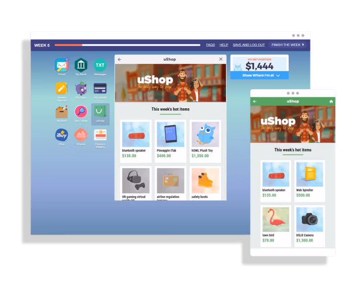 ESSI Money desktop and mobile UX displaying the uShop app, with a product marketplace interface showing “This week’s hot items” including items like a Bluetooth speaker ($130), pineapple iTab ($400), plush toy ($1,350), and other products. The screen includes a sidebar of other app icons such as Messages, My Bank, and My Credit, along with a total net position balance display of $1,444. A mobile version of the same uShop screen appears alongside, mirroring the product listings.