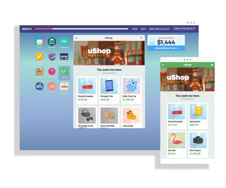 ESSI Money desktop and mobile UX displaying the uShop app, with a product marketplace interface showing “This week’s hot items” including items like a Bluetooth speaker ($130), pineapple iTab ($400), plush toy ($1,350), and other products. The screen includes a sidebar of other app icons such as Messages, My Bank, and My Credit, along with a total net position balance display of $1,444. A mobile version of the same uShop screen appears alongside, mirroring the product listings.