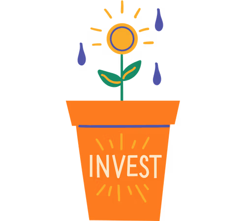 Orange plant pot labelled “INVEST” with a growing flower and water drops.