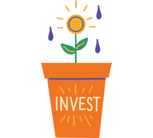 Orange plant pot labelled “INVEST” with a growing flower and water drops.