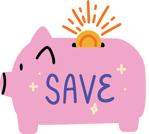 Pink piggy bank labelled “SAVE” with a coin dropping in.