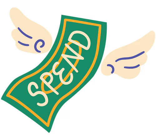 Winged dollar bill labelled “SPEND” flying away.