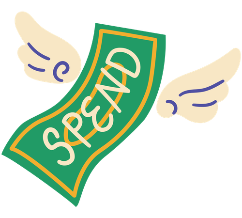 Winged dollar bill labelled “SPEND” flying away.
