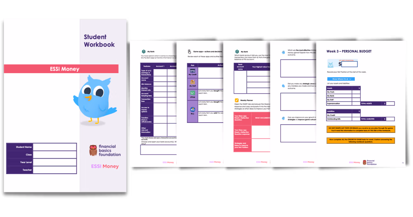 ESSI Money Student Workbook preview featuring the cover with ESSI Money blue bird mascot (hOwl) alongside sample internal pages including bank comparison tables, game actions tracking, reflection questions, and a personal budget worksheet.