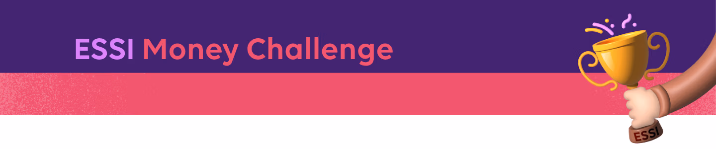 ESSI Money Challenge banner with bold title text on a purple background and a hand holding a gold trophy on the right.
